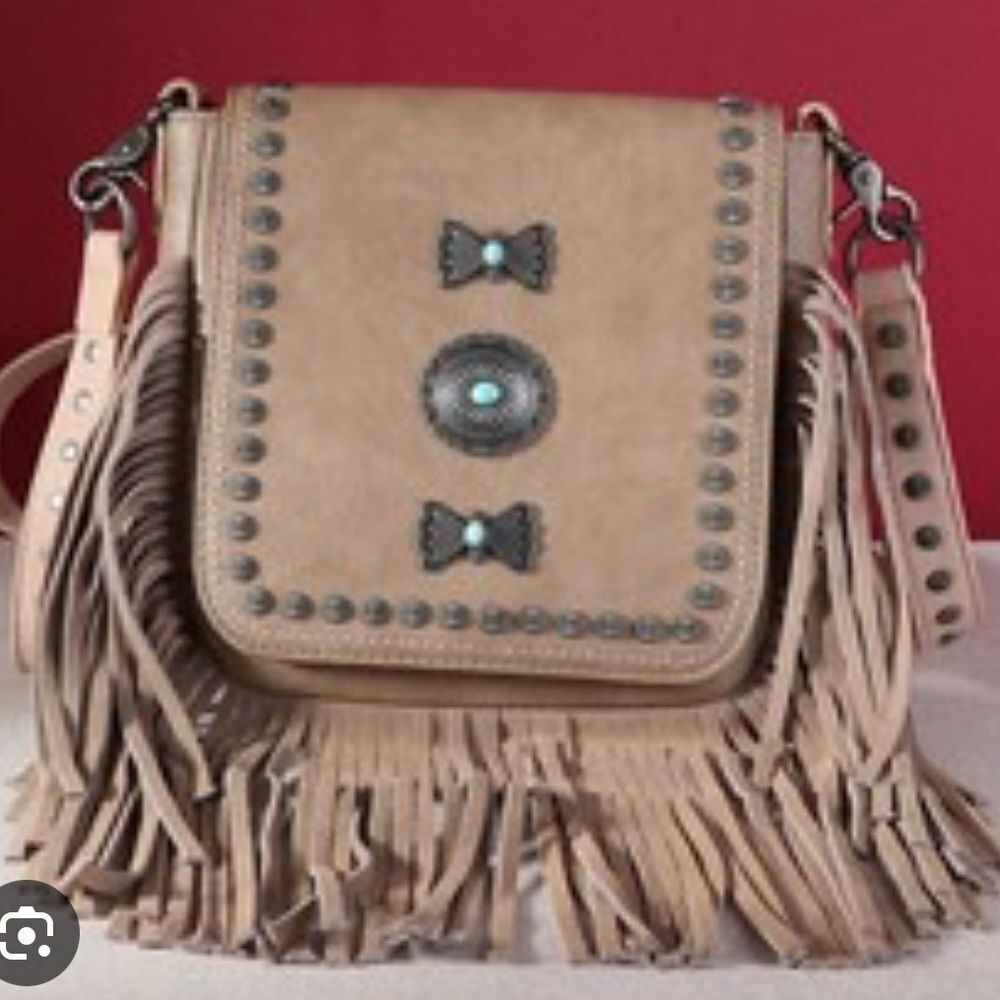 Montana West Tan Fringe Crossbody with Studs and Turquoise Accents